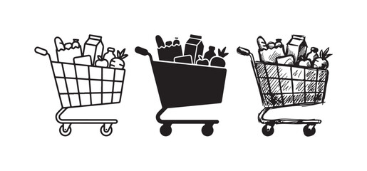 Grocery shopping cart icons filled with food, displayed in line art, solid silhouette, and hand-sketched styles for retail graphics © Ірина Гринюк
