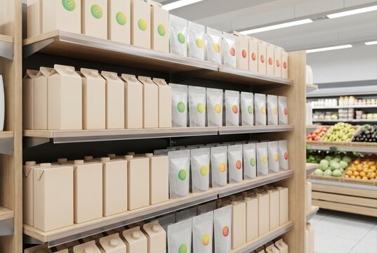 Supermarket grocery aisle fully stocked with products in sustainable minimalist paper packaging