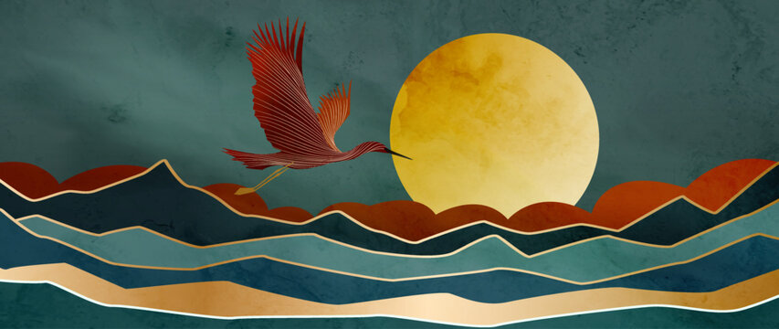 Landscape art background with a crane, mountains, and the moon. Abstract nature banner for decor, prints, wallpaper, textiles, packaging, and interior design.