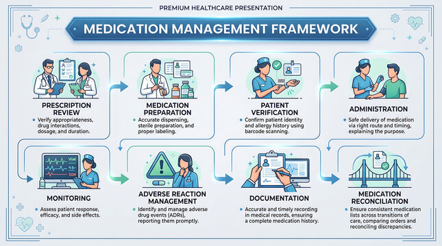 Medication Management Framework: Healthcare Presentation, Prescription Review, Patient Verification, Administration, Monitoring, Documentation, Reconciliation