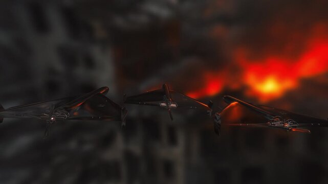 Squadron of military attack drones flies over a burning destroyed city at night in a dramatic 3D animation loop depicting modern warfare conflict
