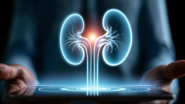 Male hands hold an electronic device displaying a vibrant, glowing digital representation of human internal organs, symbolizing advanced health technology, medical innovation, and research. The mood i
