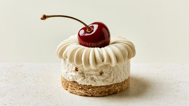 Small cake with cherry sits on a light, plain surface.