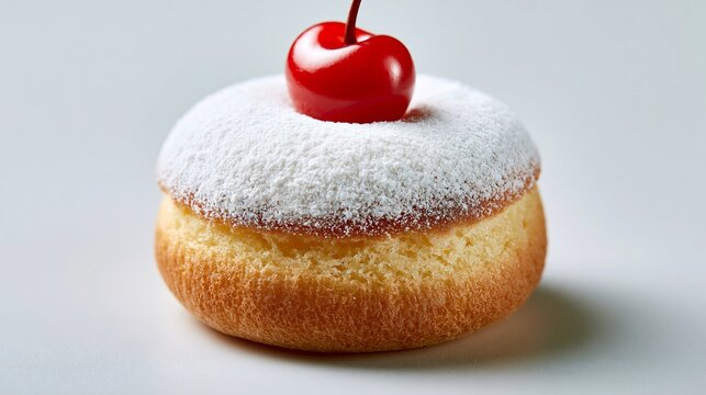 Small cake with cherry sits on a light, plain surface.