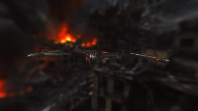 Glossy stealth attack drones glide over a ruined urban landscape with raging fires in a cinematic 3D animation loop representing modern air combat