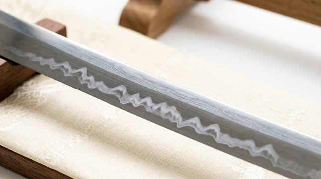 Exquisite katana displaying intricate hamon temper line on polished blade resting on stand. This beautiful katana showcases the detailed craftsmanship of Japanese sword making