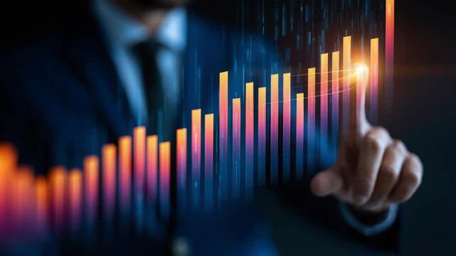 A close-up shot of a professional hand touching an illuminated, rising bar graph, set against a dark background with abstract blue light. It conveys progress, strategy, and innovation, ideal for busin