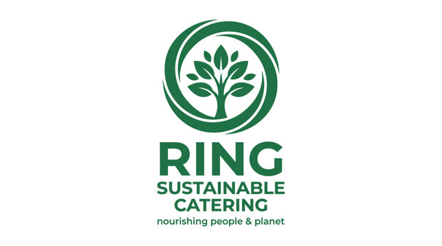 Sustainable catering logo with tree and green ring.