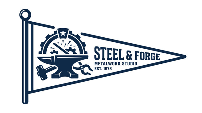 Vintage metalwork studio logo with anvil gear and hammer.