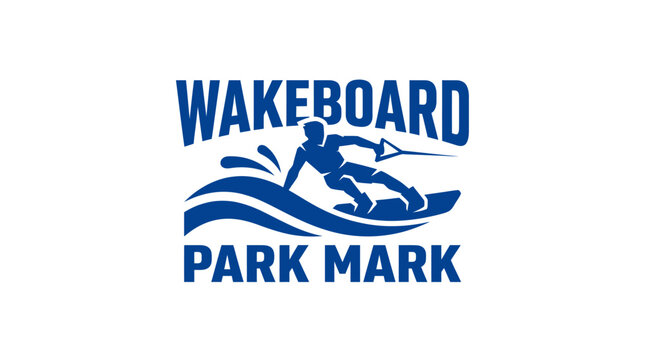 Blue wakeboarding park emblem with a wakeboarder on waves.