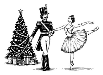 Nutcracker soldier and ballerina dancing near decorated Christmas tree in vintage engraving style © AnjaliDesai