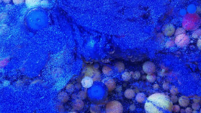 4K Blue Liquid Abstract Background Animation. Alcohol Ink Fluid Art with Cellular Texture and Metallic Glitter.