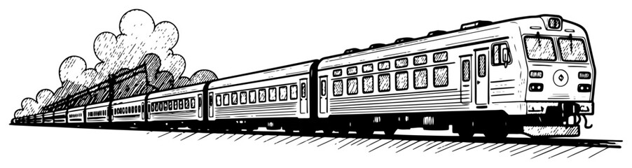 Passenger train traveling on railway tracks in vintage engraving style © AnjaliDesai