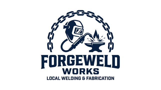 Industrial welder logo with anvil and chain for metal fabrication.