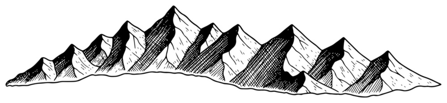 Mountain range peaks with rocky ridges in minimalist sketch style