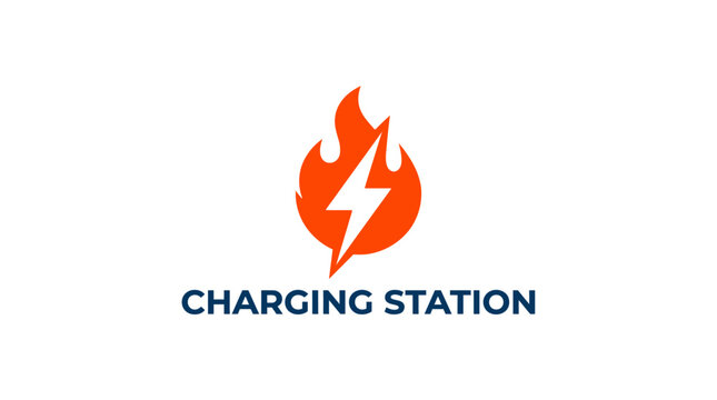 Charging station logo featuring an orange flame and lightning bolt.