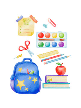 Hand drawn watercolor Back to School card with books, backpack, paints, scissors, stationery and classroom essentials isolated on white background for educational and creative projects