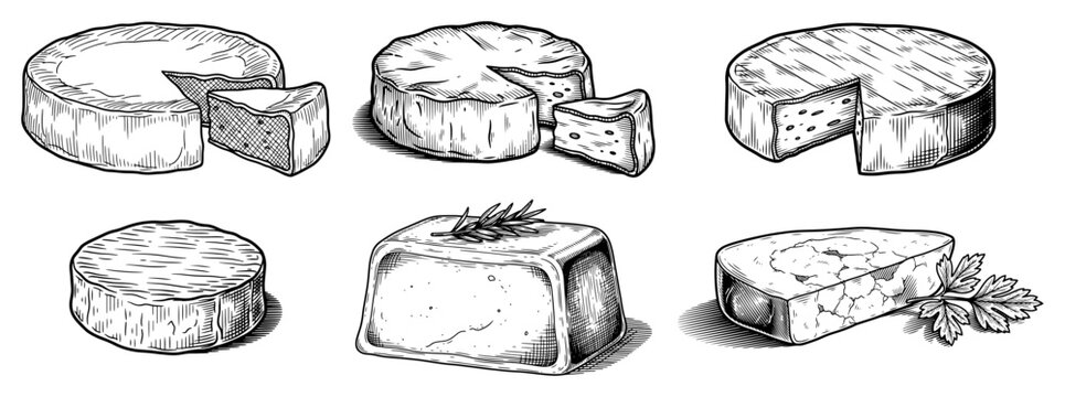 French cheese selection with camembert brie and blue cheese in vintage engraving style