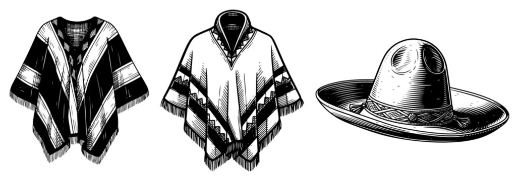 Mexican poncho and sombrero hat in vintage engraving style