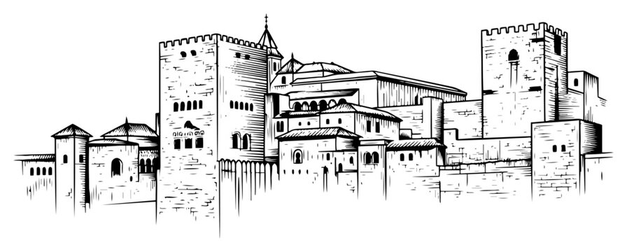 Medieval castle fortress with towers and stone walls in vintage engraving style