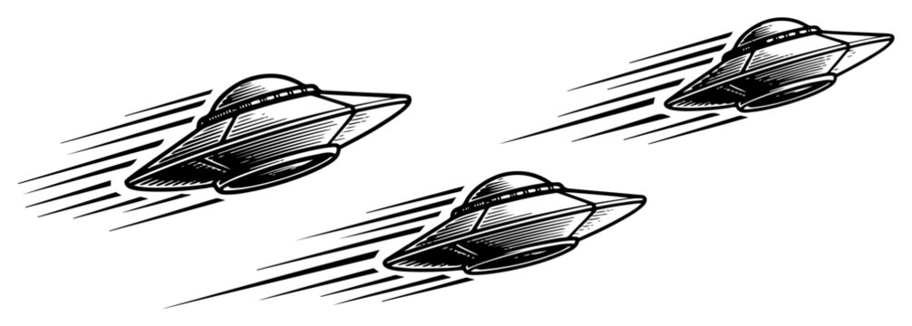 UFO flying saucers soaring through space in retro engraving style