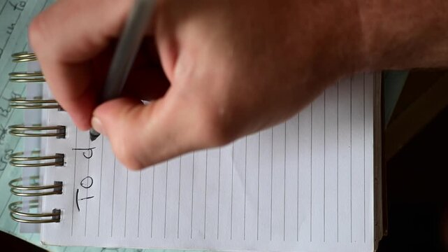 To do list man writing it down on note pad,  vertical format, top down perspective natural authentic light, man writing