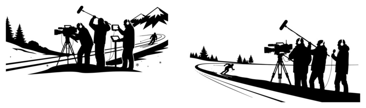Film crew broadcasting winter sports event in mountain landscape graphic style