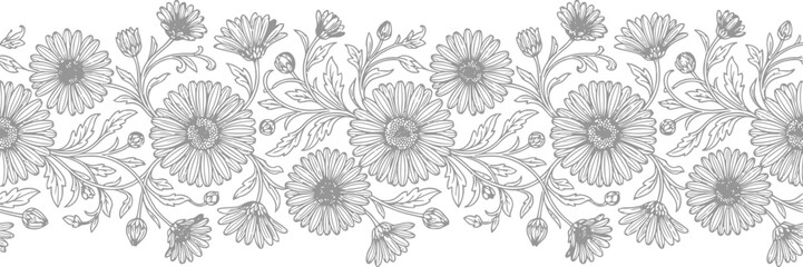 Fototapeta premium Vintage calendula flower seamless border vector, hand drawn botanical line art, grey floral pattern for wedding decor