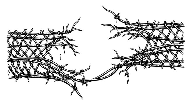Broken barbed wire fence with hole in vintage engraving style