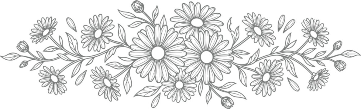 Vintage daisy flower border vector, hand drawn floral line art horizontal divider, botanical chamomile garden header