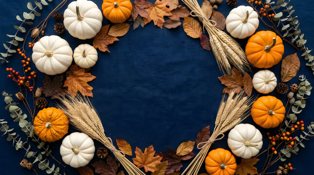 Autumn harvest wreath with orange and white pumpkins and dry leaves on a dark blue background