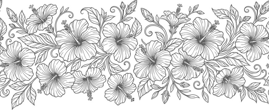 Vintage hibiscus flower border vector, tropical floral line art frame, black and white botanical seamless pattern edge