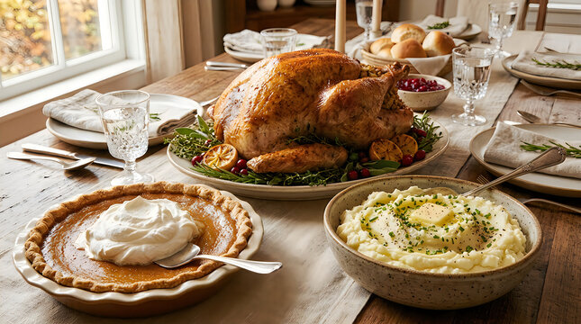 Roasted turkey dinner with pumpkin pie and side dishes on a wooden table for thanksgiving holiday