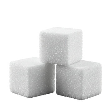 Three white sugar cubes stacked isolated on transparent background
