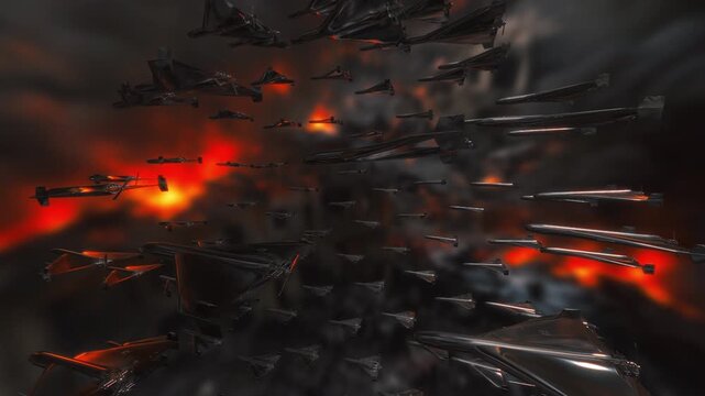 Sleek metallic drone swarm flying in formation over a burning city landscape at night in a powerful cinematic 3D animation loop for documentary film