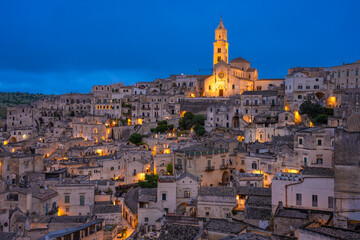Naklejka premium Beautiful night view of Matera Italy with historic ancient architecture 