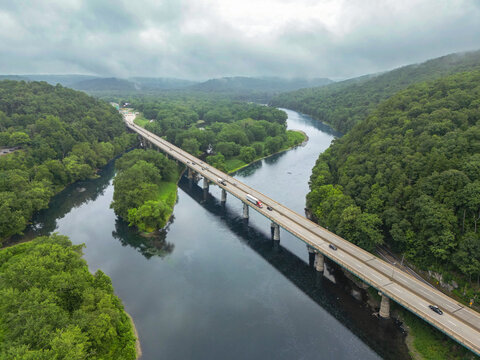 Aerial view of Delaware Water Gap recreational area with river, mountains and interstate