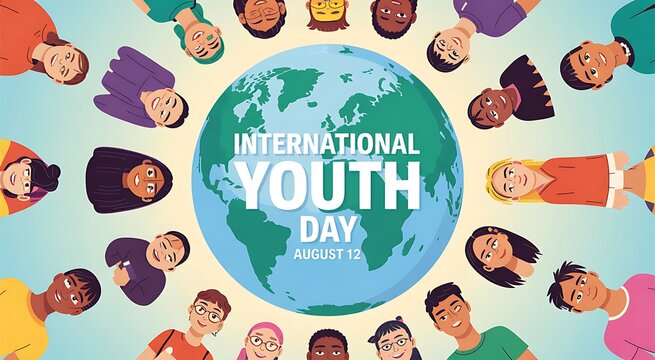 International youth day illustration with diverse faces around the globe