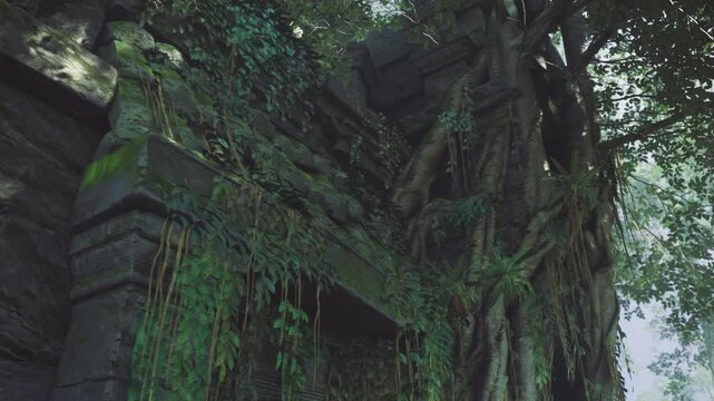 Massive roots overtaking urban relic, moss and vines smoothing sharp stone edges, humid filtered sunlight through thick canopy, atmosphere of postapocalyptic