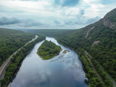 Aerial view of Delaware Water Gap recreational area with river, mountains and interstate
