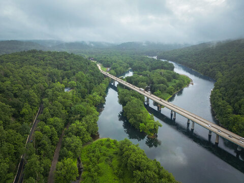 Aerial view of Delaware Water Gap recreational area with river, mountains and interstate