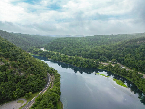 Aerial view of Delaware Water Gap recreational area with river, mountains and interstate