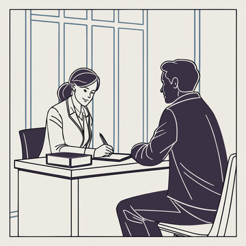 Business Consultation Meeting Between Client and Advisor Office Line Art Illustration