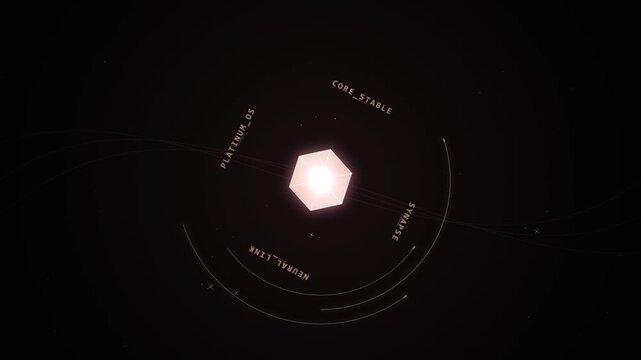 Glowing digital cube rotating in cyberspace with data interface hud