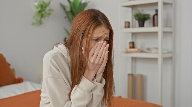 Woman hands covering face on bed inside building, seated on mattress in hoodie; sadness vulnerability.