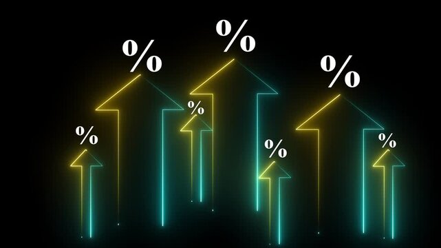 Businessman use a Neon up arrow with percentage symbols and upward arrows. Interest rate increase concept.