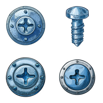 Set of metal screws and bolt heads in a cross shape