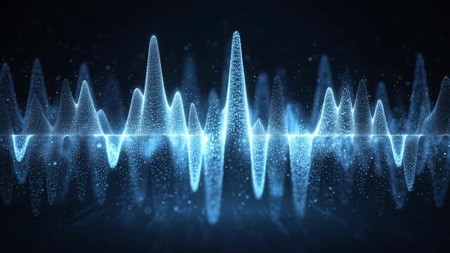 Abstract Visualization of Sound Waves or Digital Data Flow, Featuring Luminous Blue Particles Forming Dynamic Peaks and Valleys on a Dark Background, Representing Technology, Audio, Music, or Modern C