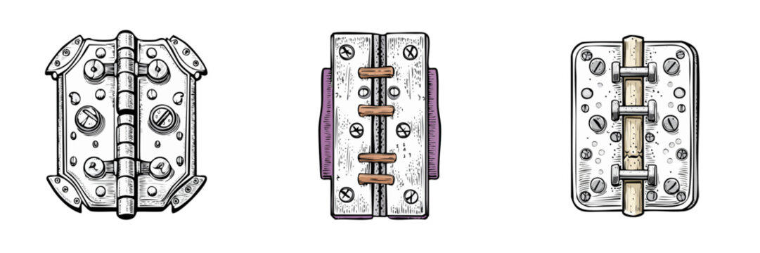 Set of ornate and industrial door hinges in hand drawn style