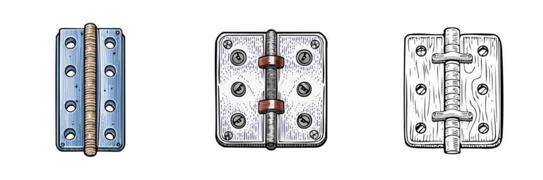 Set of three hinges metal and wood vintage style hardware